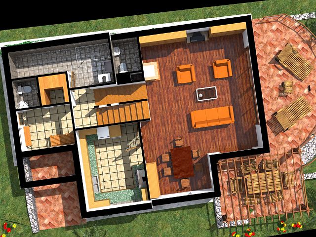 FLDSZINT alaprajz - 79 m2 - Flszinteltolsos hz, legals szinten (jobbra) a nappali, eggyel feljebb a kiszolgl helyisgek