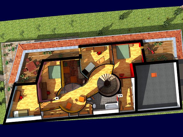 TETTR alaprajz - 106 m2 - A teraszok fl nagy, pallkkal burkolt tetteraszokat terveztnk