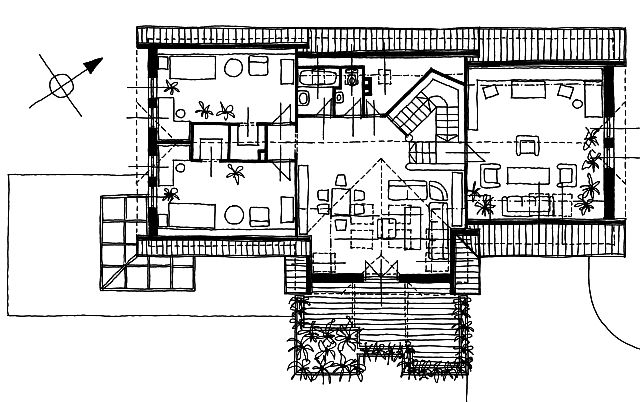 TETTR alaprajz - 122 m2 - A tetidom is hrom lpcsben kveti a terepet, de csak a trsalg padlszintje van lejjebb