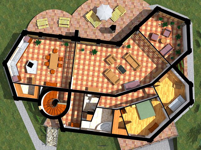 FLDSZINT alaprajz - 176 m2 - Nagy nappali terek, kln tlikert rsszel, a terasz fel nagy vegfalak nznek