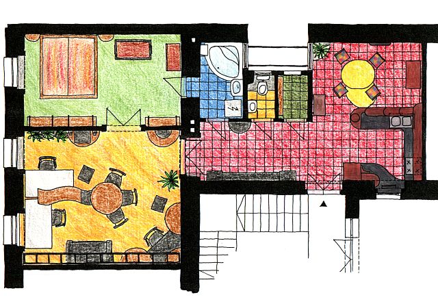 TERVEZETT alaprajz - Nagy konyha s tkez, j ablakok a lichthf fel, dekoratv falfestsek s btorok