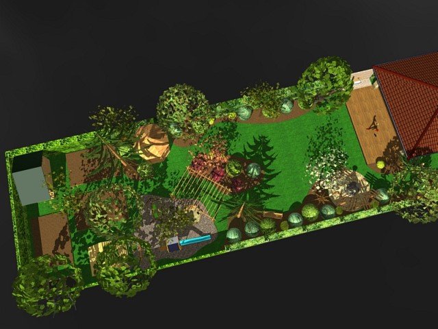 Díszkert és zöldséges kiskert, haszonnövényekkel és öreg gyümölcsfákkal.