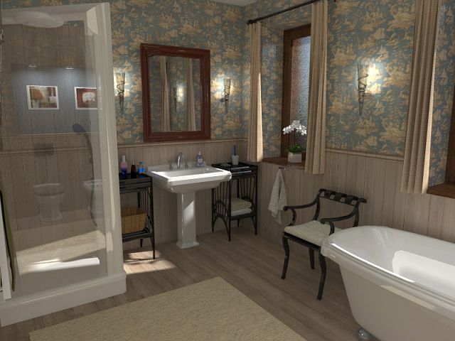 Minőségi fautánzatú kerámiával és speciális, fürdőszobai tapétával szobai hangulatot lehet varázsolni a fürdőbe.