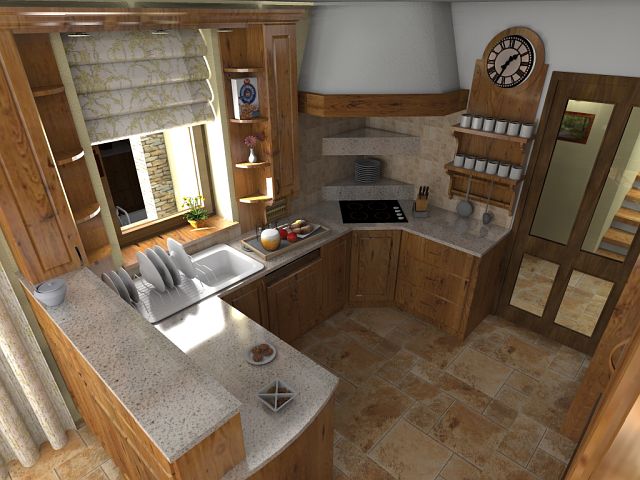 Funkcionális rusztikus konyha, a jobb oldali hosszanti falon kapott helyet a hűtő, a mikró, a sütő és az egyéb konyhagépek